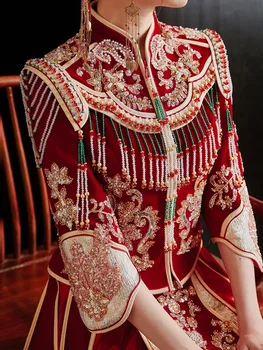 Puikūs Kinų Stiliaus Veliūras Vestuvių Suknelė Elegantiškas Mandarinų Apykaklės Santuokos Blizgančiais Duobute Kutai Cheongsam