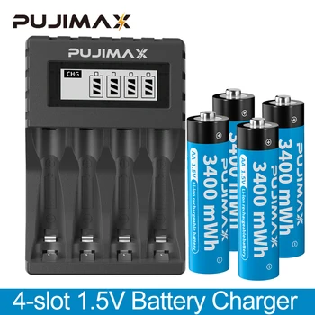 PUJIMAX AA 1,5 V 3400mWh Įkraunama Ličio Li-ion Baterija+4-lizdas LCD Smart Display 1.5 V Baterijos Kroviklis Mikrofono Žaislai
