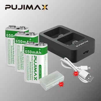 PUJIMAX Originalus 2vnt 9V 650mAh, Li-ion Baterijų Įkraunama Ličio Baterija+2 Slots 9V Smart Baterijos Kroviklį Su USB Laidu