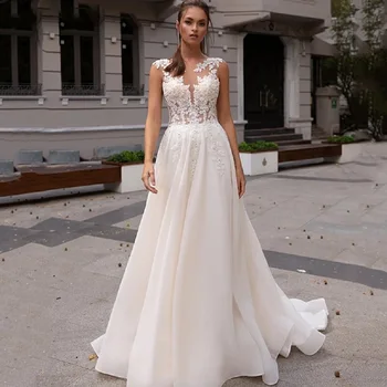 Ramanda Princesė Nuogas Vien Kaklo Appliqued Vestuvių Suknelė Moterims Satino Teismas Traukinio Vestidos De Noiva Mariage Vestuvinės Suknelės