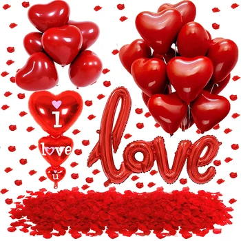 Raudoni Balionai Nustatyti Meilė Širdies Latekso&Folija Balionas Vestuvių Raudonųjų Dirbtinių Rožių Žiedlapių Romantišką Naktį Valentino Dieną Šalies Apdaila