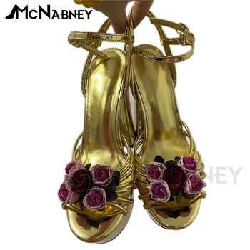 Rose Aukso Sandalai Platforma Stambusis Kulno Vasaros Batai Prabangus Stilius Oda Aukšti Kulniukai Sagtis Gėlių Moterų Sandalai Užsakymą Spalva