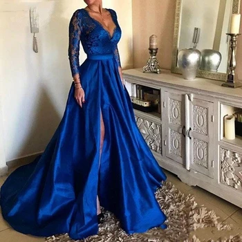 Royal Blue V-Kaklo, Nėriniai Ilgai Prom Dresses Aukštos Padalinta Ilgomis Rankovėmis Satino Vakare Chalatai, Plius Dydis 2020 Vestidos De Festa