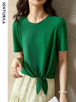 Sentubila Elegantiškas Atsitiktinis Žalia, T-marškinėliai Moterims Mados 2023 Vasaros Palaidi Tinka Nesimetriškas O-Kaklo Kietų Biuro Lady T-shirts