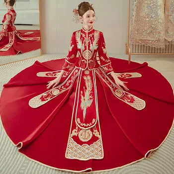 Skrudinta Duona Drabužių Kinų Stiliaus Phoenix Siuvinėjimo Vestuvių Suknelė Senovės Tradicinių Hanfu Vestuvinės Suknelės Tango Kostiumas Cheongsam