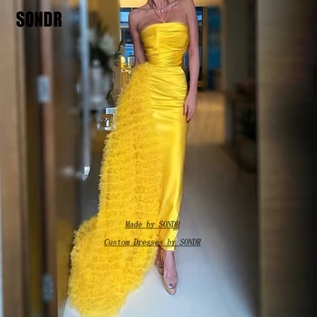 SONDR Geltoną Satino Rankovių Prom Dresses Chalatai Stebėjimo Tiulio Vakarą Dresss Vestido De Formatura Rūbeliai De Kokteilis 2023