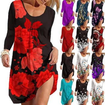 suknelės moterims 2021 atsitiktinis elegantiškas Spausdinimo rudenį drabužiai moterims derliaus seksualus streetwear gėlių midi suknelė
