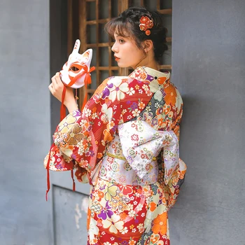 Tradicinis Japonų kimono Tamsiai Raudona Yukata Jausmas Drabužius Su Obi Helovyno Cosplay Mergaičių Suknelė
