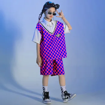 Vaikas Kpop Hip-Hop Drabužių Žalia Languota Atvartas, Negabaritinių Marškinėliai Viršuje Vasaros Šortai už Berniukas Mergaitė Džiazo Šokio Kostiumų Drabužių Rinkinys