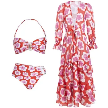 Vasaros Retro Bikini Spausdinti Mados Bikini Nustatyti maudymosi kostiumėlį Ir Padengti Su Skara Stora Moterų Tvarstis Beach Prabangus Elegantiškas