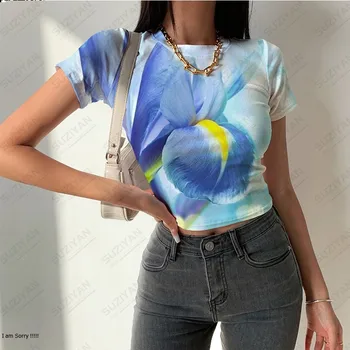 Vasarą Karšta Pardavimas Naujų trumpomis Rankovėmis Apvalios Kaklo Slim Fit marškinėliai 3D Atspausdintas Temperamentas Tight Fit Moterų Sexy Trumpas Rankovės Viršų