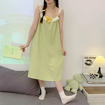 Vasarą nauju Moterų korėjiečių Leidimas, naktiniai drabužiai Burbulas Medvilnės Raukšlėtis Liemenė-Sijonas Saldus ir Mielas Atsipalaidavęs Amžiaus Sumažinti Homewear