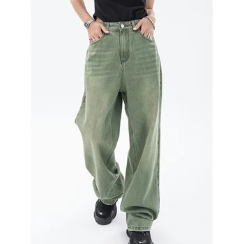 Vintage Žalia Moterų Džinsus Mados Kelnės Streetwear Didelis Juosmens Pločio Kojų Vasaros Y2K Baggy Atsitiktinis Tiesiai Mama Džinsinio audinio Kelnės
