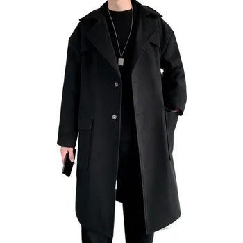 Vyrai Gobtuvu Ilgai Vilnoniai Paltai Negabaritinių Vientisa Spalva Žiemos Švarkelis Korėjos Stiliaus Atsitiktinis Outwear