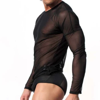 Vyrai Undershirt Sexy Gay Drabužių Nailono Akių Skaidrūs Permatomi Marškinėliai Ilgomis Rankovėmis Slydimo Homme T Marškinėliai Apatiniai Clubwear
