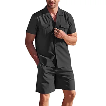 Vyriški Šortai (2 Gabalas Komplektus Vasaros Drabužių trumpomis Rankovėmis Mygtuką žemyn Marškiniai ir Atitikimo Šortai Streetwear Lounge Suit
