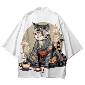 Vyrų, Moterų Megztinis Haori Harajuku Japonų Anime Katė Spausdinti Kimono Streetwear Tradicinės Paplūdimio Yukata Plius Dydis 5XL 6XL