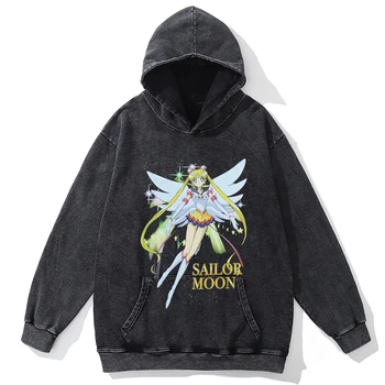 Vyrų, Moterų, Rudens Derliaus Hoodie Anime Sailor Moon Grafinis Spausdinti Puloveris Hip-Hop Streetwear Harajuku Medvilnės Gobtuvu Palaidinukė
