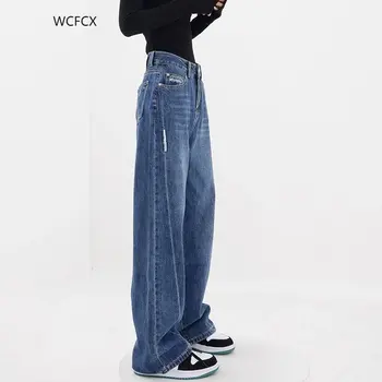 WCFCX STUDIO High Waisted Džinsai Moteris Plati Koja Pants Džinsai Vintage Streetwear Tiesiai Mama Džinsų Visas Ilgis
