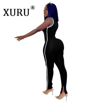 XURU-seksualus Dryžuotas Padalinta Rankovių Klubo Kėlimo Sporto Jumpsuit, Europos ir Amerikos Moterų Nauja Vasaros Juoda Jumpsuit 60A2778