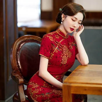 Yourqipao 2023 Vasaros Raudona Cheongsam trumparankoviai Elegantiška Vintage Pokylių Qipao Kinų Stiliaus Vakaras Vestuvių Suknelė Moterims